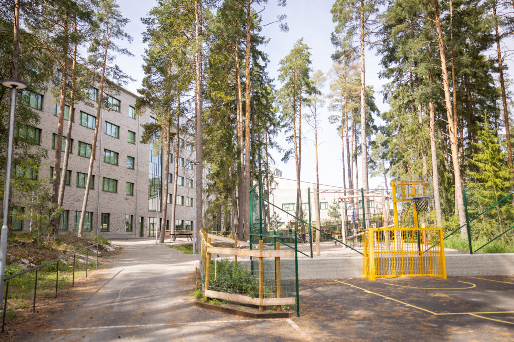 Skola med skolgård i förgrunden med träd, klätterställning och fotbollsplan