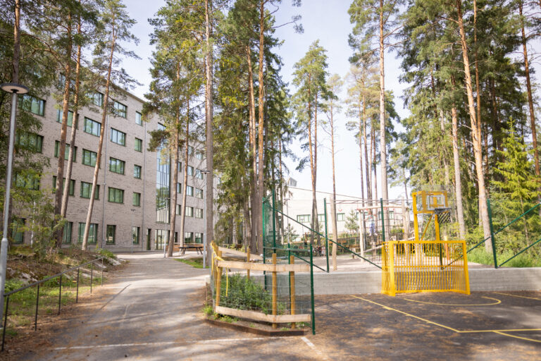 Skola med skolgård i förgrunden med träd, klätterställning och fotbollsplan